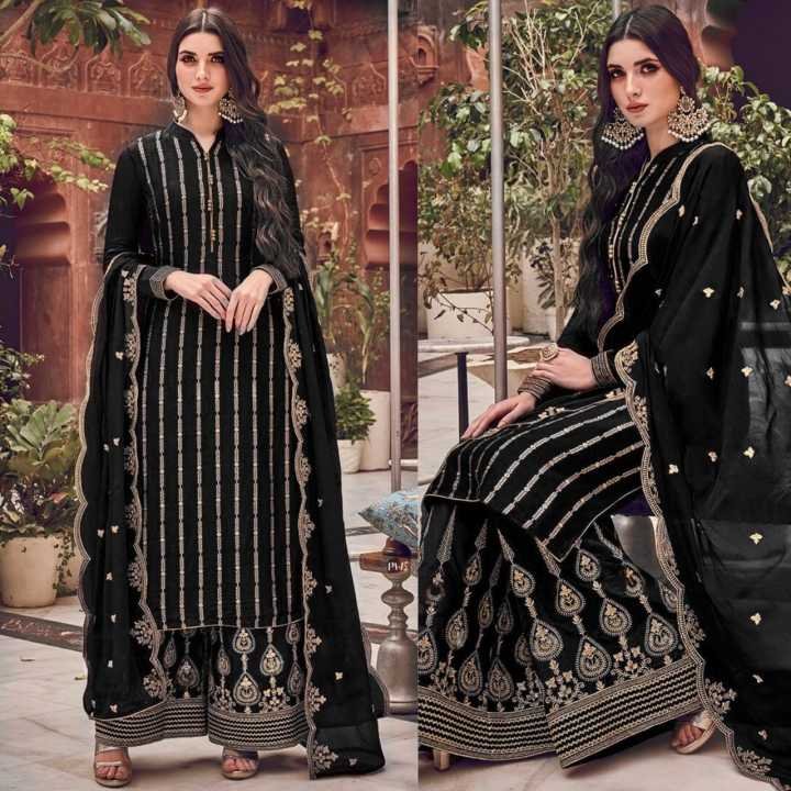 Ladies Black Embroidered Dress Chiffon Crinkle Plazo Trouser HS-67 (Unstitched)
