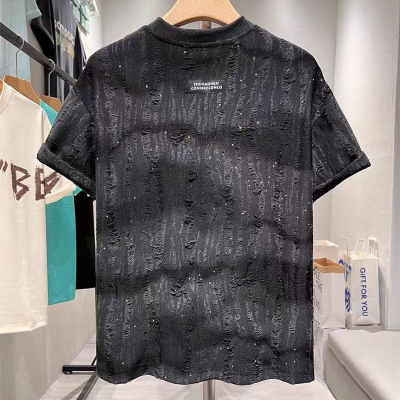 Men's Retro Distressed T-shirt, Torn T-shirt, Summer Loose Round-neck Short-sleeved Fashionable Rhinestone T-shirt