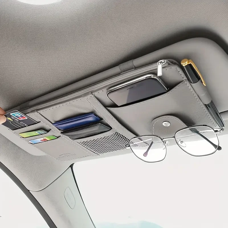 Faux Leather Multi-Compartment Dashboard Organizer with Glasses Holder, CD Slot, and Space for Phone, Wallet