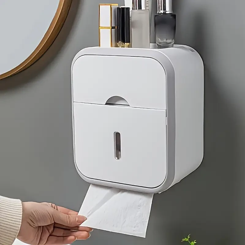 1pc Double-Layer Bathroom Tissue Holder, Wall-Mounted Plastic Tissue Box with Drawer, Strong Waterproof,