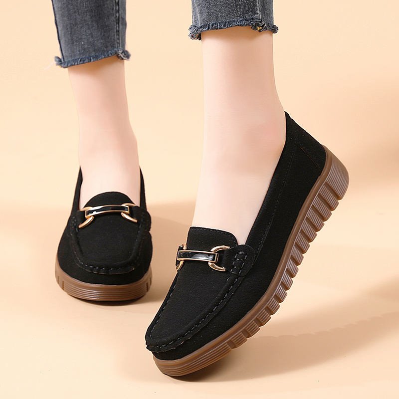 Women's Four Seasons Flats New Leather Bean Shoes with Suede Soft Bottom