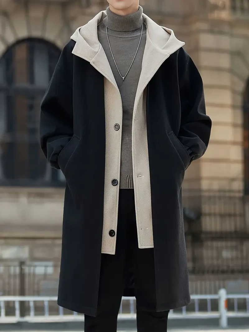 Men'S Casual Hooded Tweed Trench Coat, Long Length Color Block Winter Overcoat, Non-Stretch Fabric, Regular Sleeve, with Polyester Lining, Single Breasted Button Closure with Pockets, for Woven Outerw