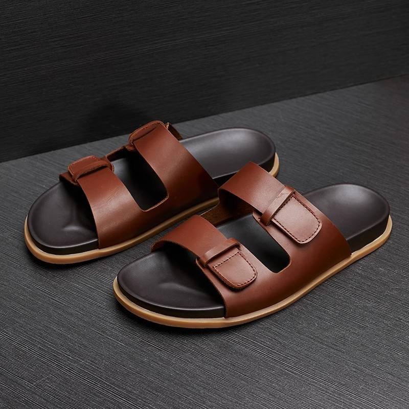New Factory Outlet Stylish Men's Slippers Cowhide Leather Summer Outdoor Business Slippers for Men