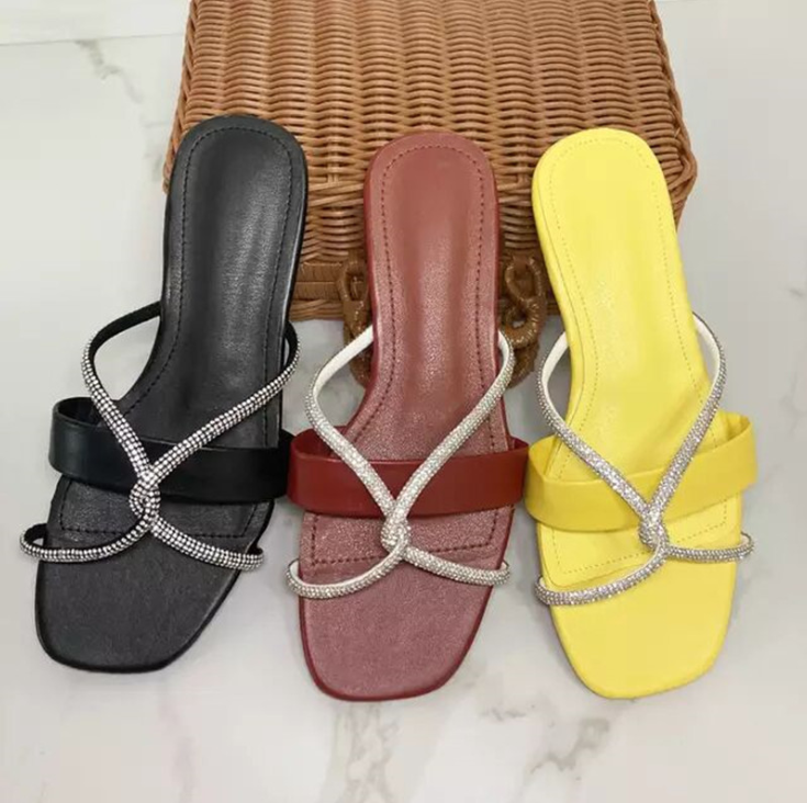 New Summer Ladies Beach Flat Slippers Women Rhinestone Cross Open Toe Slippers