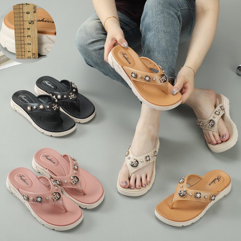 Harvest Women's Glass Crystal Rhinestone Pearl Chain Jewelry Flip Flops Sandals Slippers Soft Breathable PVC Shoes