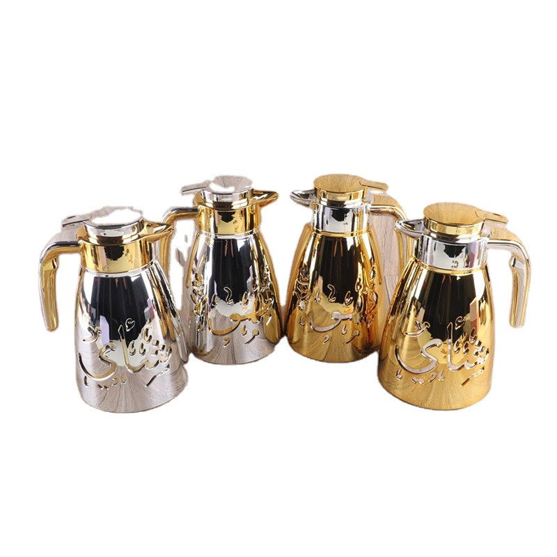 High-End Middle Eastern Style Coffee Maker Gold Plated Press Insulated Kettle Glass Thermos Flask