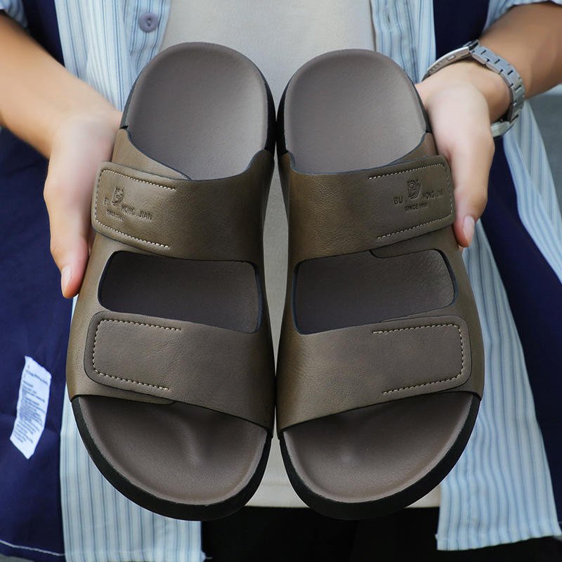 Men's Summer Sports Flip Flops K-Style Indoor Home Slippers with Thick Sole and Velcro Leather Sandals Slippers with PU Insole