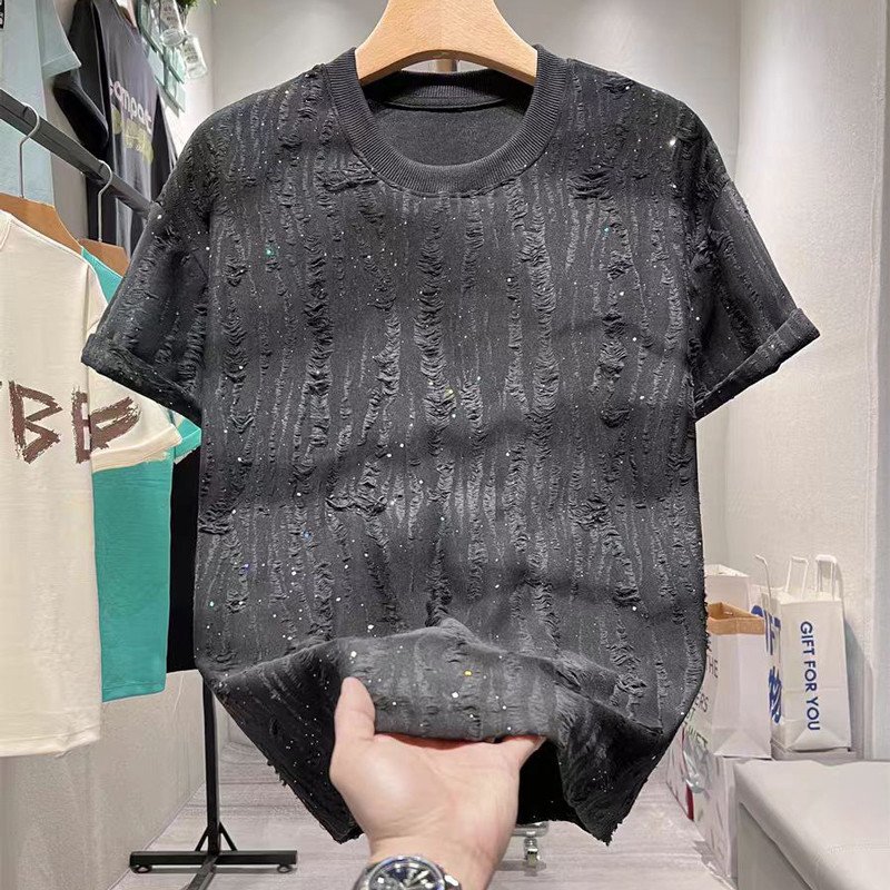 Men's Retro Distressed T-shirt, Torn T-shirt, Summer Loose Round-neck Short-sleeved Fashionable Rhinestone T-shirt