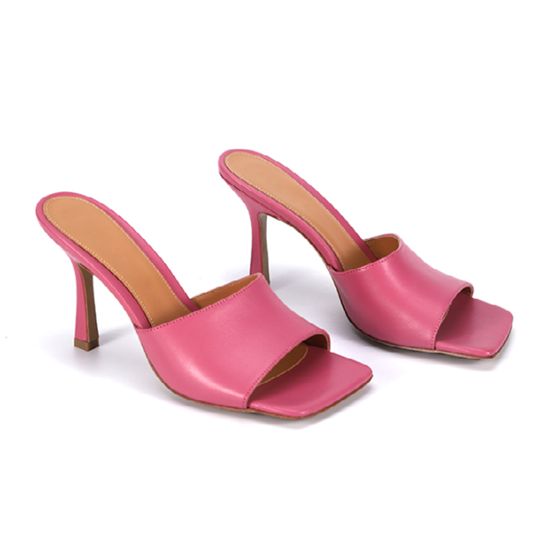 Square Toe Slippers Leather Heels Women Sandal Heel Shoes