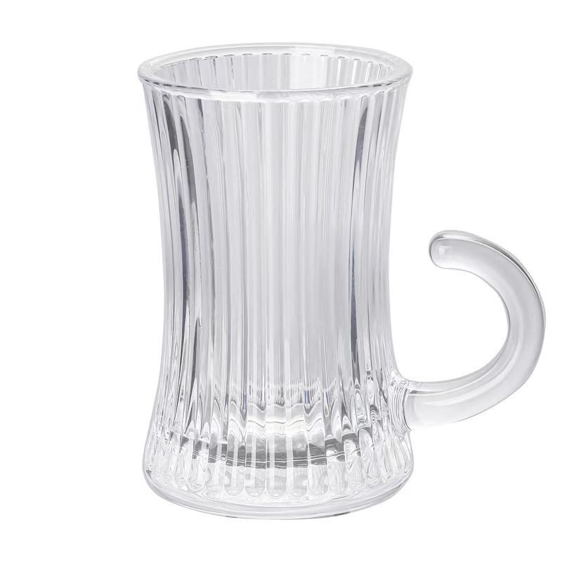 Custom Travel Ribbed Heat Resistant Espresso Coffe Latte Bubble Tea Drinking Glass Cup with Handle Saucer Set