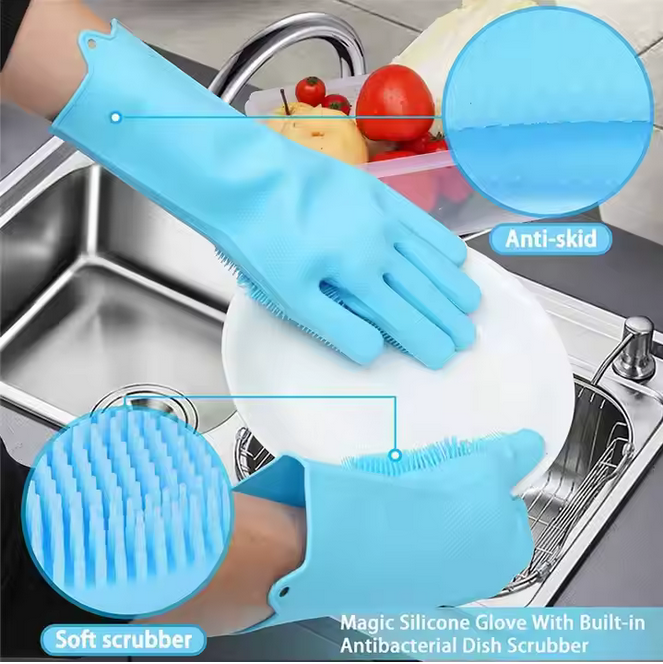 Silicon Gloves for Kitchen Dishwashing - Multipurpose Magic Silicone Rubber Gloves with Wash Scrubber, Waterproof Reusable Gloves for Cleaning, Bath, Car, Pet Grooming, Household Use - Silicon Gloves