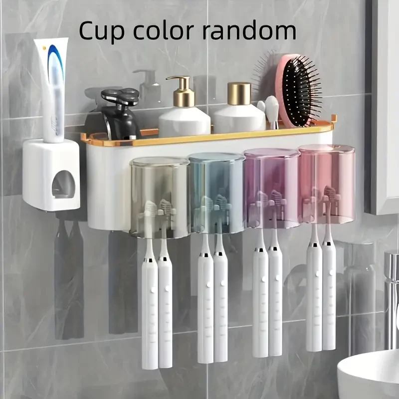 Wall-Mounted Toothbrush Holder with Gargle Cup - Space-Saving Bathroom Organizer for Toothpaste & Brushes, Durable Plastic