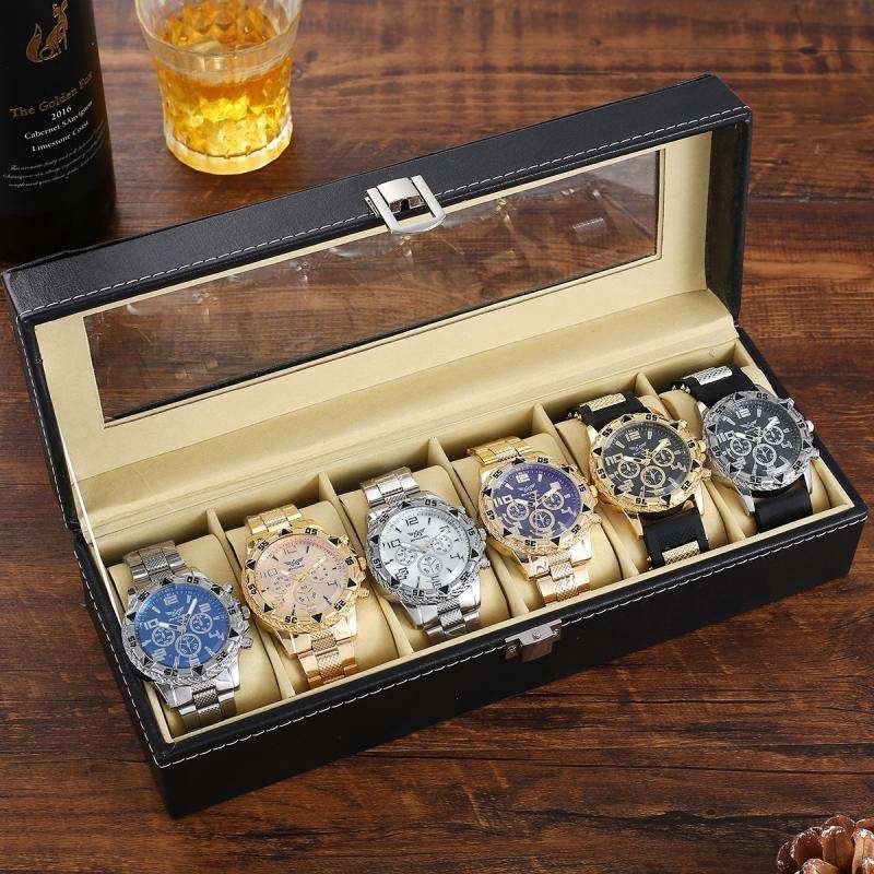 Set 6 Luxury Mens Watches Business Sports Full Steel Wristwatches 20mm Silicone Band Quartz Movement Glass Dial Boxed Male Clock