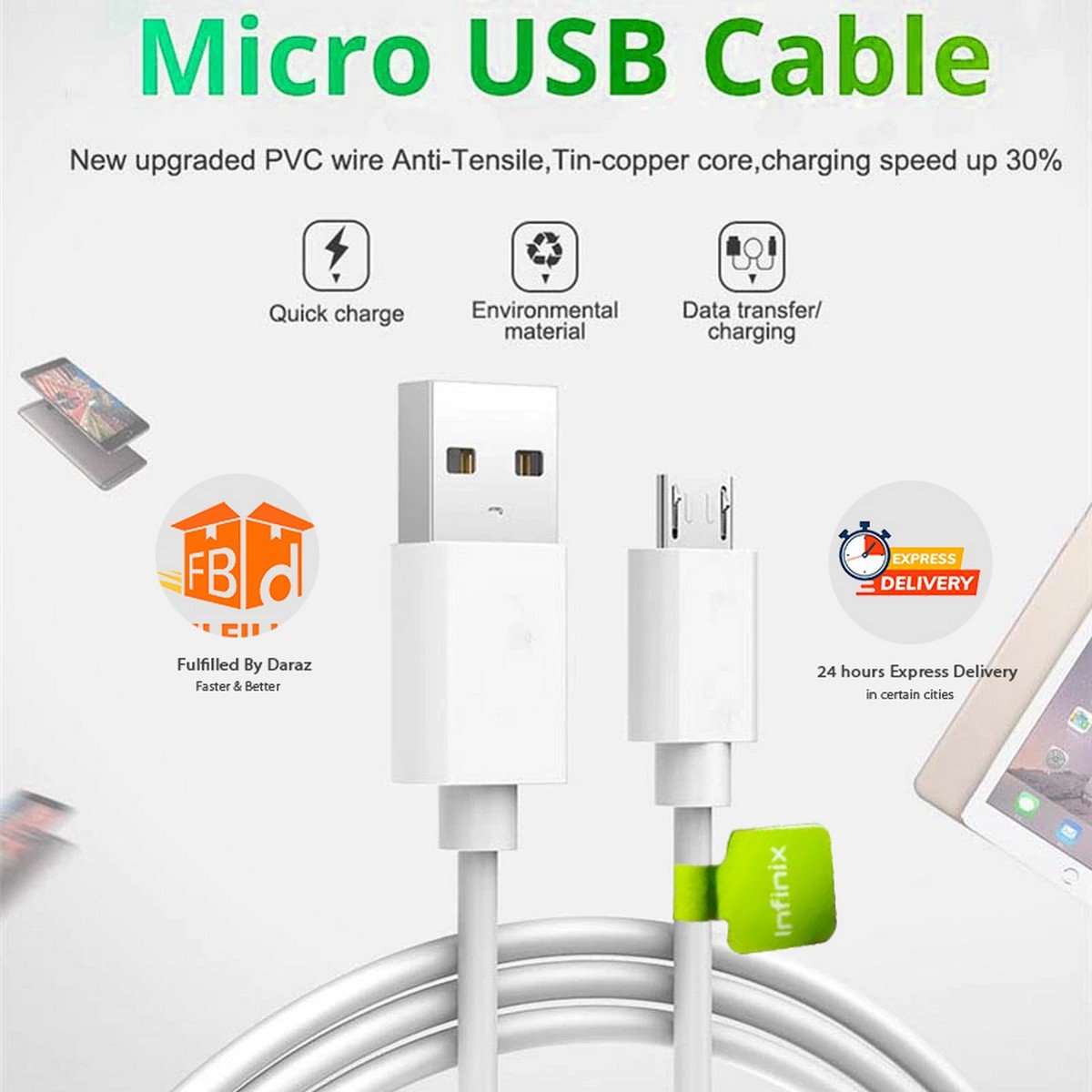 00% Original Infinix Micro USB Cable - White- Fast Charging Cable For Android Mobile Phones