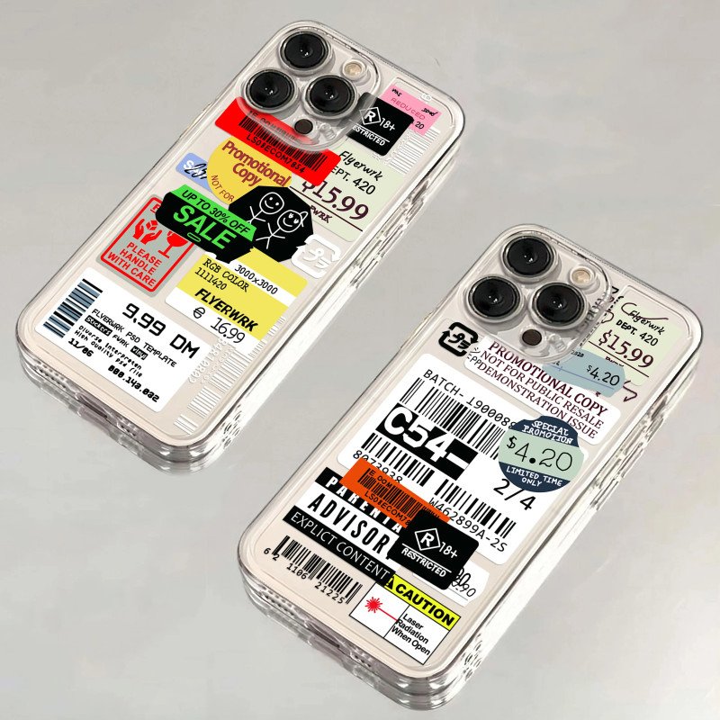 Trend Stamp Label Barcode Phone Case For iPhone 16 15 14 13 12 11 Mini Pro Max X XR XSMax 6S 6 7 8 Plus SE20 Transparent Cover