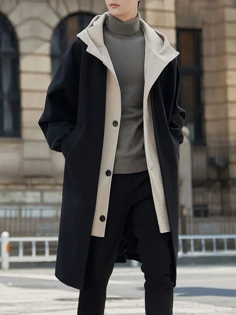 Men'S Casual Hooded Tweed Trench Coat, Long Length Color Block Winter Overcoat, Non-Stretch Fabric, Regular Sleeve, with Polyester Lining, Single Breasted Button Closure with Pockets, for Woven Outerw