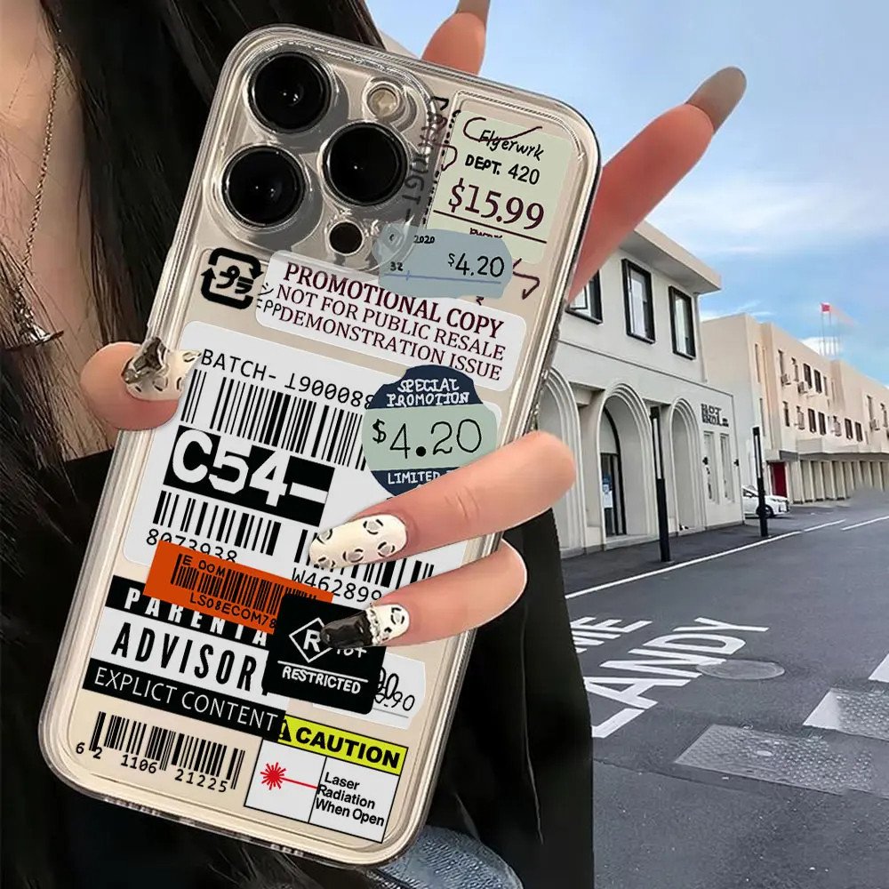 Trend Stamp Label Barcode Phone Case For iPhone 16 15 14 13 12 11 Mini Pro Max X XR XSMax 6S 6 7 8 Plus SE20 Transparent Cover