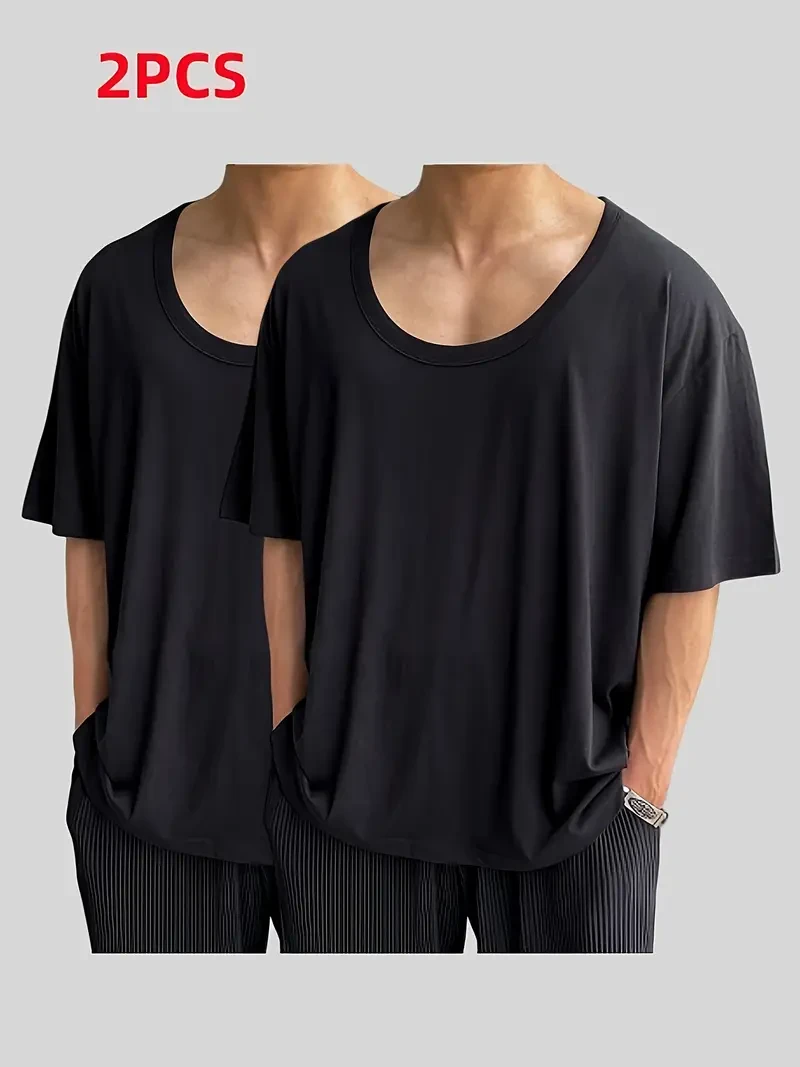 Men'S Summer 2pcs Trendy Fashion Casual Sports Ice Cool Loose Fit Round Neck Short Sleeve T-Shirts
