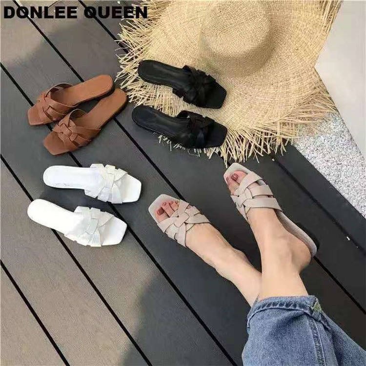 Women's Shoes with Flat Heels Summer New Woven Sandals Flat Bottomed One Line slippers