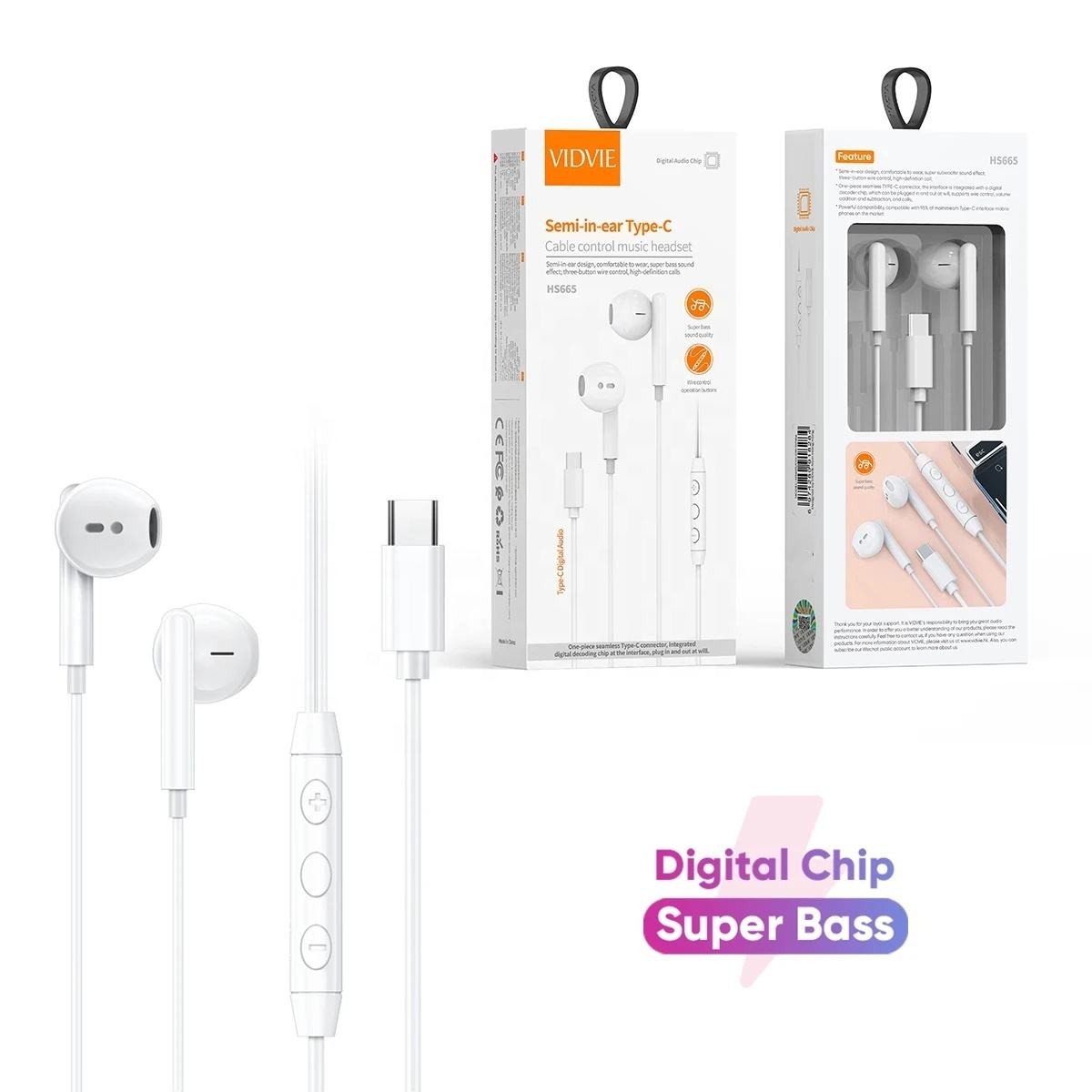 VIDVIE Digital Audio Half in Ear Audifonos De Cable Wired Type C Bass Earphone Wire Control Headset with Mic