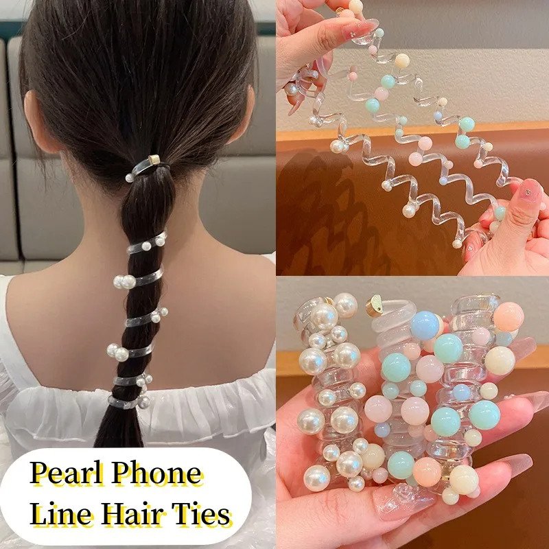 2pc Phone Cord Hair Tie Colorful Pearl Beads Clear Color Telephone Wire Elastic Hair Band Ponytail Holder Women Accessories