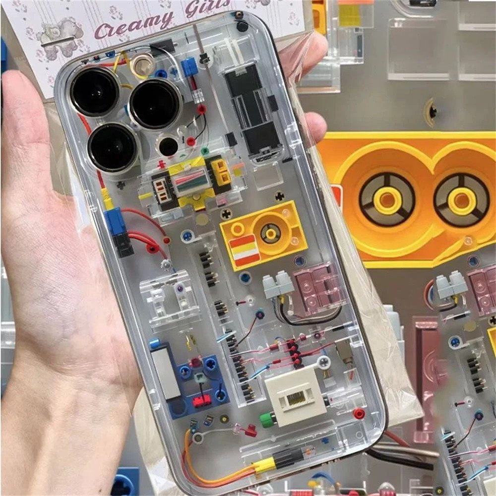 Creative Circuit Cartoon Bricks Clear Phone Case For iPhone 15 13 14 12 11 Pro Max Plus X XS XR 7 8 Lovely Soft Silicone Cover