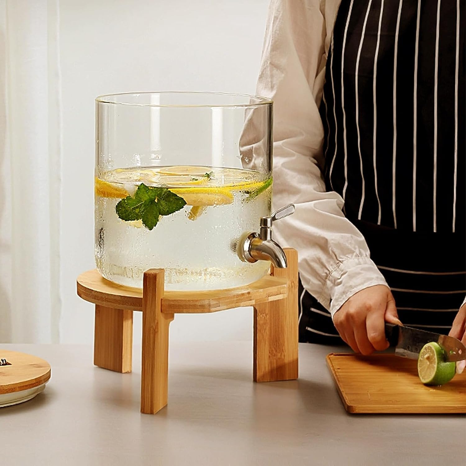5L High Borosilicate Heat-resistant Glass Juice Barrel Alcohol Cold Drink Beverage Dispensers With Wooden Stand, Party Water Jug