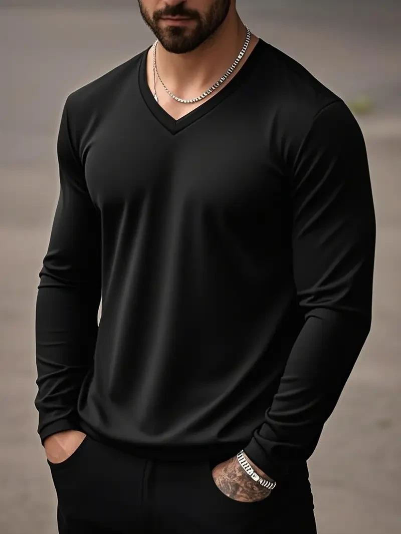 Suji & Sijidou Elastic Comfort Long Sleeve V-Neck T-Shirt - Solid Color Top for Men, Simple Spring/Autumn Style