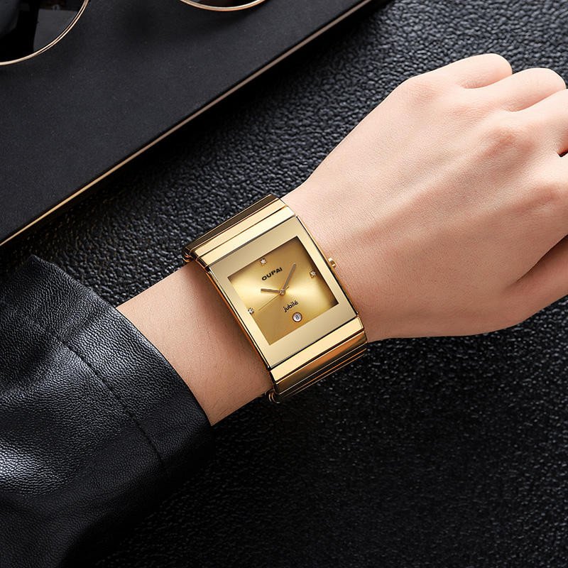 OUPAI Old Classic Rectangle Watch Quartz Golden Ceramic Square Wristwatch Man Waterproof Black Ceramic Jublie 34mm Wide