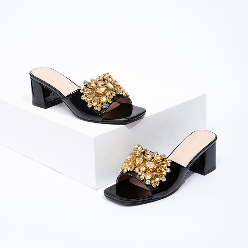 New square Toe Thick Heel Sexy Women's High Heels Black Ladies' slippers Fashionable Large-sized Women's Summer slippers