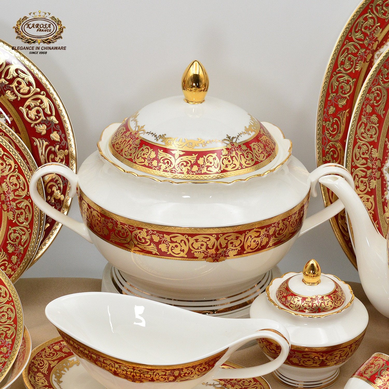 Royal Style Embossed Real Gold Dinnerware Set for 12 Persons Luxury Plates Bowls Set Fine China Dinner Sets