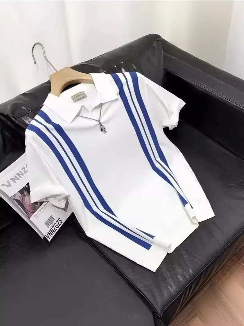 2025 Summer Men's Casual Ice Silk for Polo Shirt Lasel Slim-Fit Half-Sleeve Striped T-Shirt with Contrast Color Short-Sleeve