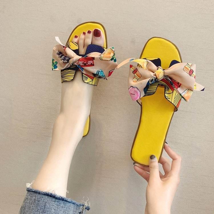Colorful Ribbon Bow Flat-bottomed Girls' Trendy Slippers, New Summer Women's Wear with Floral Prints
