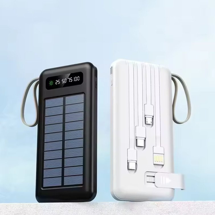 Black White Smart Lanyard Design 20000 Mah Solar Power Bank with Mobile Phone Holder 2 USB Output 1 to 4 Output Charging Cable