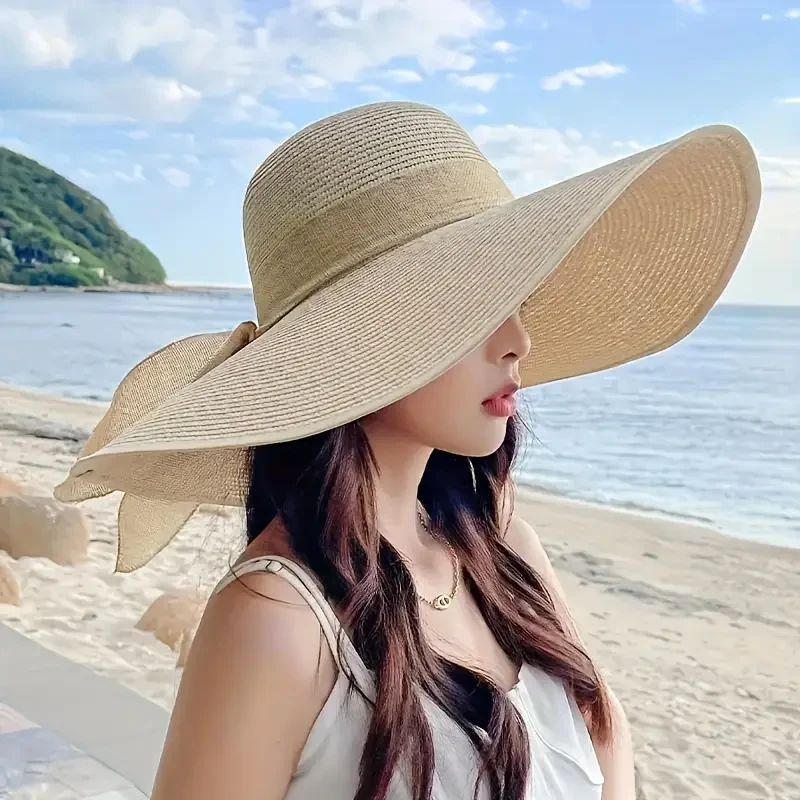 1pc Summer Outdoor Straw Hat for Women - Large Brim Beach Hat with Ribbon Bow, Foldable, Lightweight & Portable