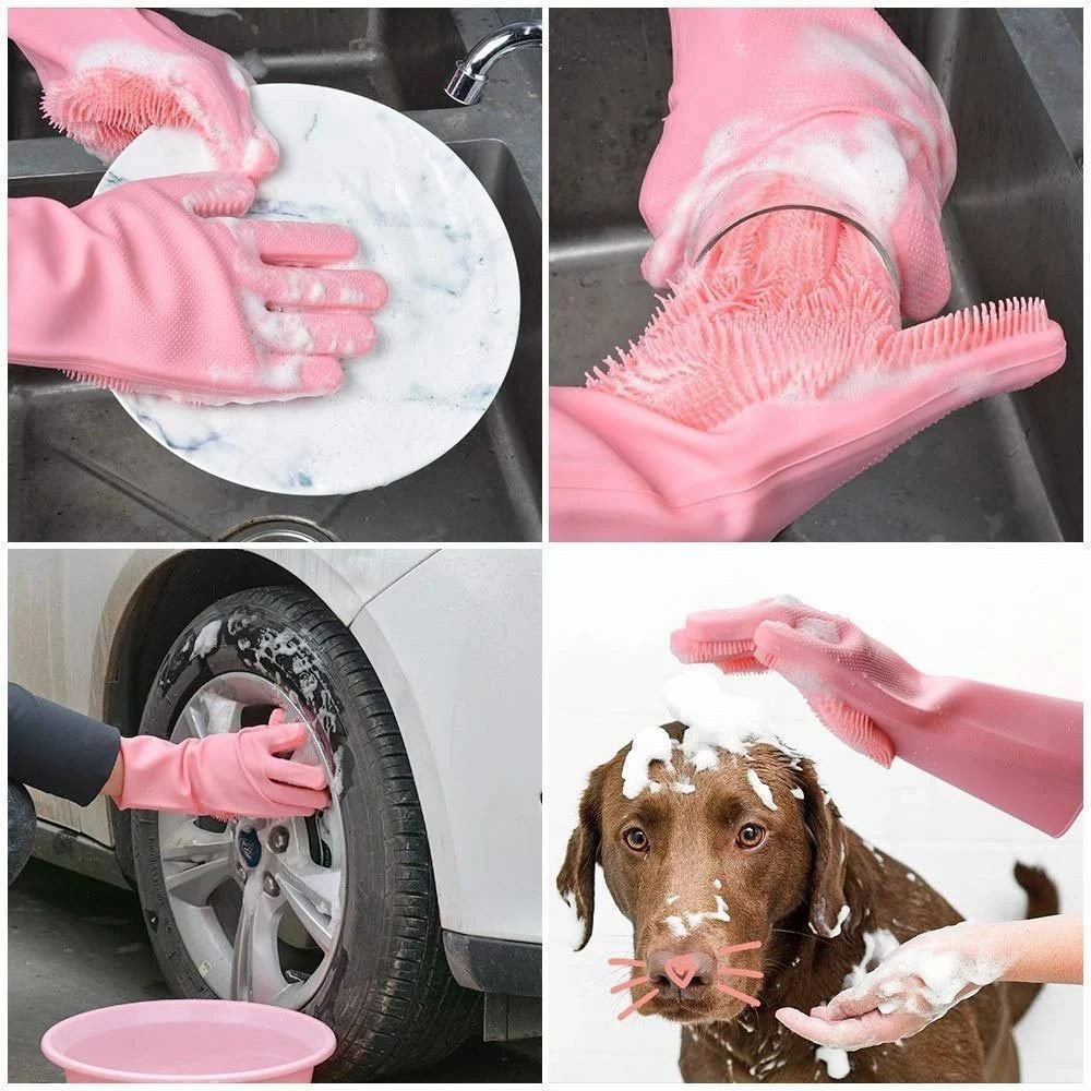 Silicon Gloves for Kitchen Dishwashing - Multipurpose Magic Silicone Rubber Gloves with Wash Scrubber, Waterproof Reusable Gloves for Cleaning, Bath, Car, Pet Grooming, Household Use - Silicon Gloves