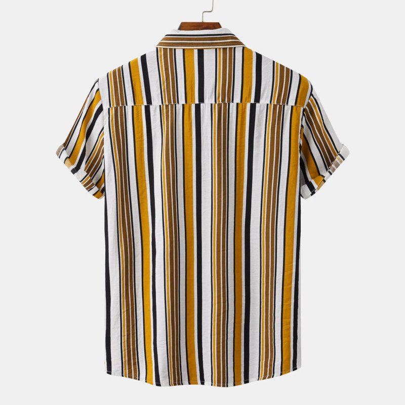 2024 New Men's Hawaiian Beach Shirts Casual Cotton Stripes Print Short Sleeve Breathable Sustainable Size XL Adults Turn-Down