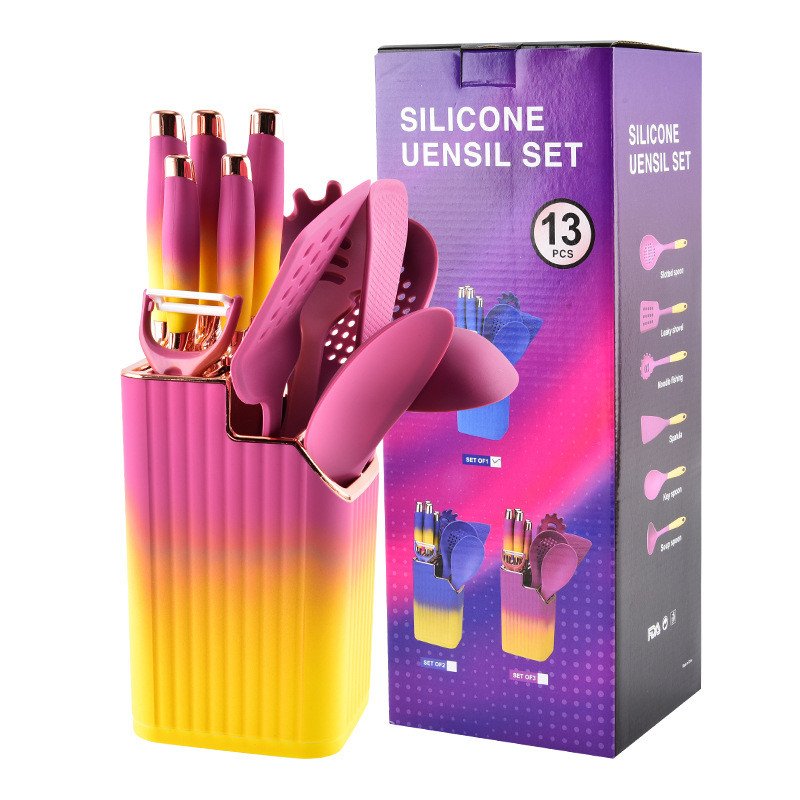 Gradient Color Silicone Kitchenware 13-piece Set Kitchen Cooking Knife Set Food Grade Spoon Spatula with Rotating Storage Bucket