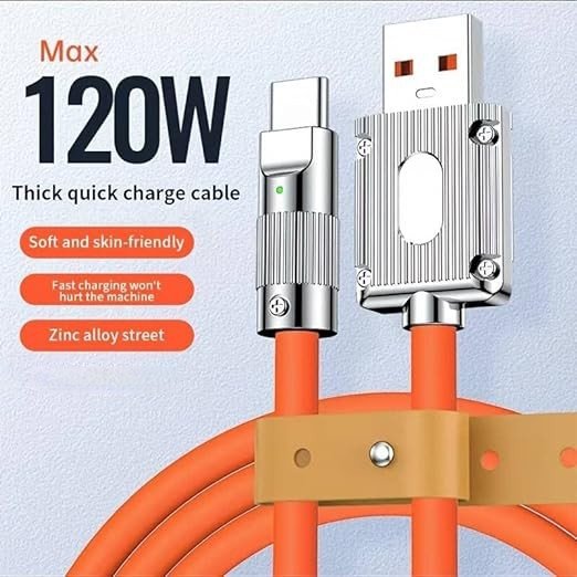 120W 6A Liquid Silicone Fast Charging Cable - USB to Type C, Micro & iOS Compatible for Oppo, Vivo, Infinix, Mi, Realme 1+ Devices