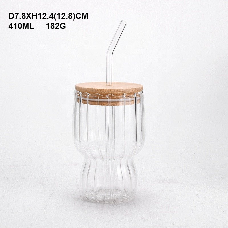High Borosilicate Glass Coffee and Water Cup with Bamboo Lid Straw round Design for Party Customizable Logo Packaged in Box