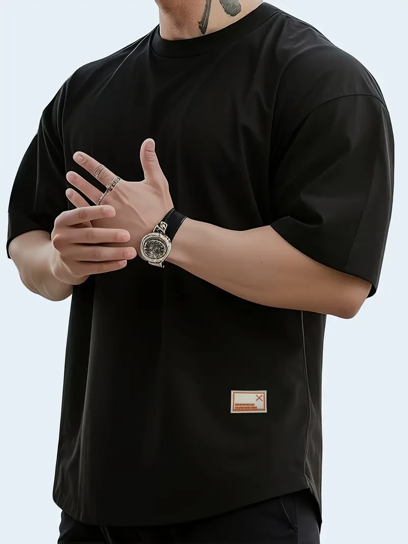 Two-piece Men's casual sports T-shirt summer round neck splicing outdoor running fitness clothing short-sleeved off-shoulder loose casual versatile