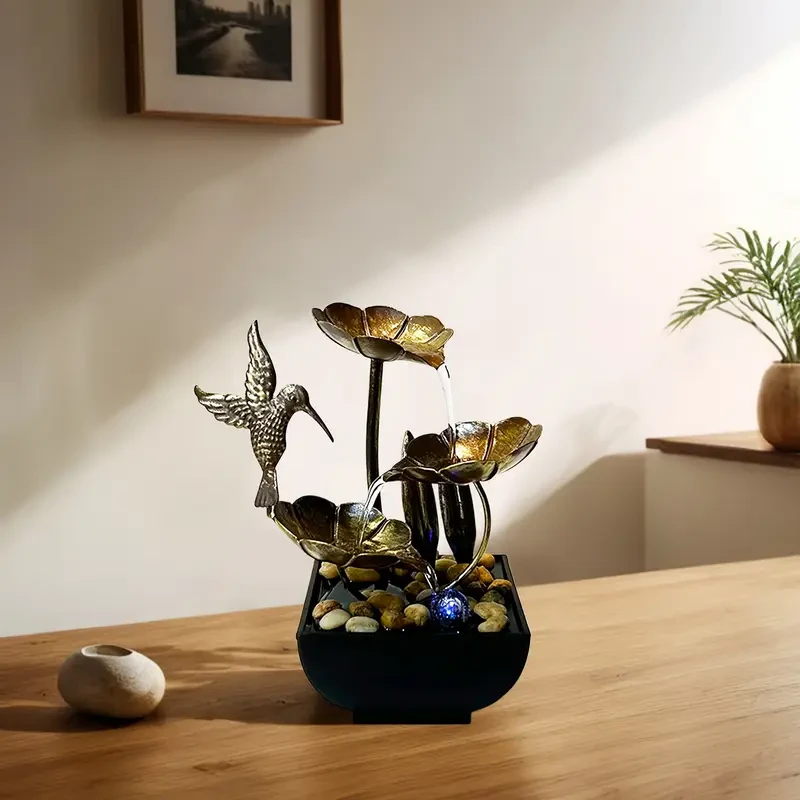 1 USB-Powered Wrought Iron Desktop Fountain with Light Ring, Relaxing Waterfall Kit for Home and Office Decor, Portable and Soothing, Black Base, Perfect for Living Room or Workspace