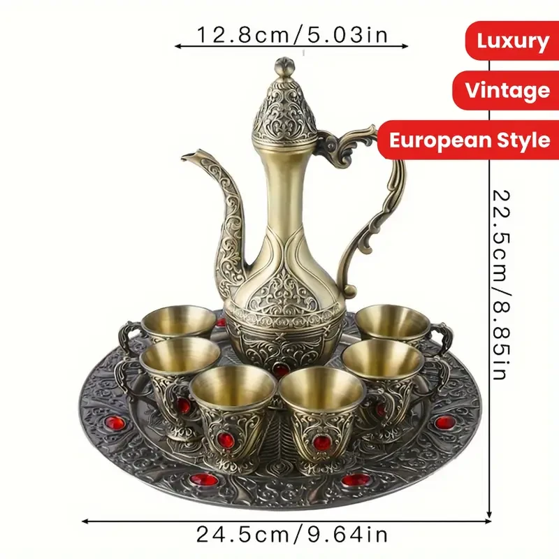 Set, Vintage Metal Turkish Coffee Pot Set, European Style Tea Set, 6 Luxury Coffee Cups, Craft Tea Tray And Teapot, For Serving Tea, Coffee, Cappuccino
