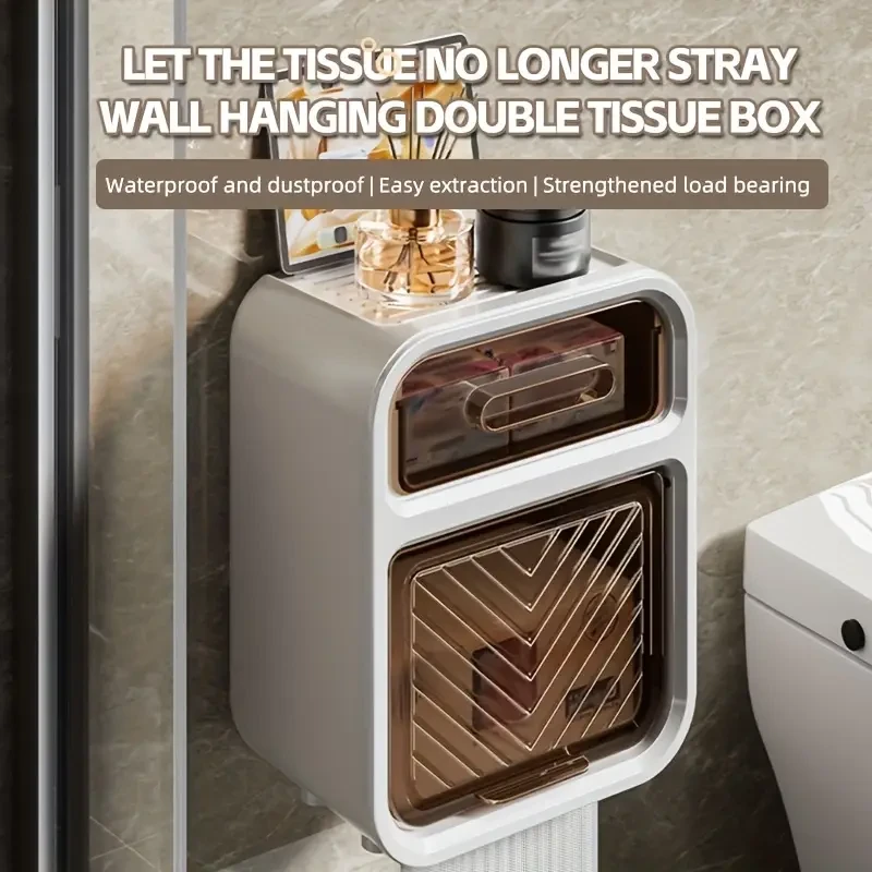 1pc Toilet Paper Holder, Double-Layer Large Capacity Tissue Storage Box, Wall-Mounted Bathroom Tissue Box