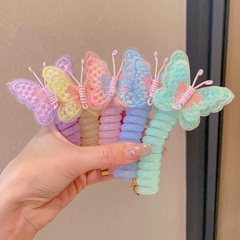 2pc Colorful Phone Wire Cords Hair Bands With Embroidered Butterfly Japanese Weaving Ponytail Artifact Tools Kids Hair Tie