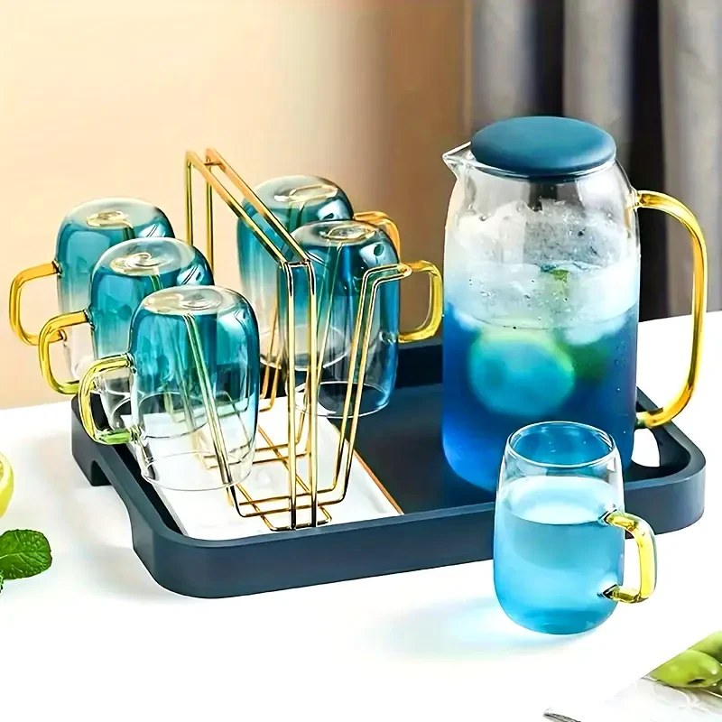 Glass Pitcher with Lid and Spout, 50.7 oz - Christmas Round Glass Drinkware Set, Reusable,, Freezer Safe - Includes 1 Carafe and 4 Glasses for Multipurpose Cold Beverage Serving, Recyclable