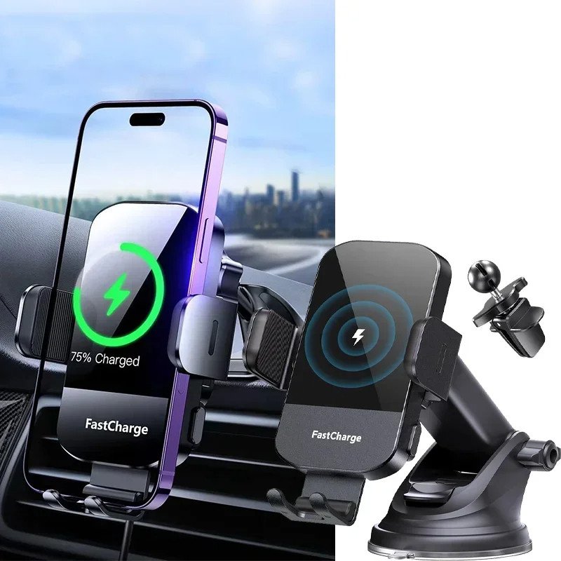 Car Universal Phone Holder with 15W Fast Wireless Charging – Windshield & Air Vent Mount for iPhone, Xiaomi, Huawei