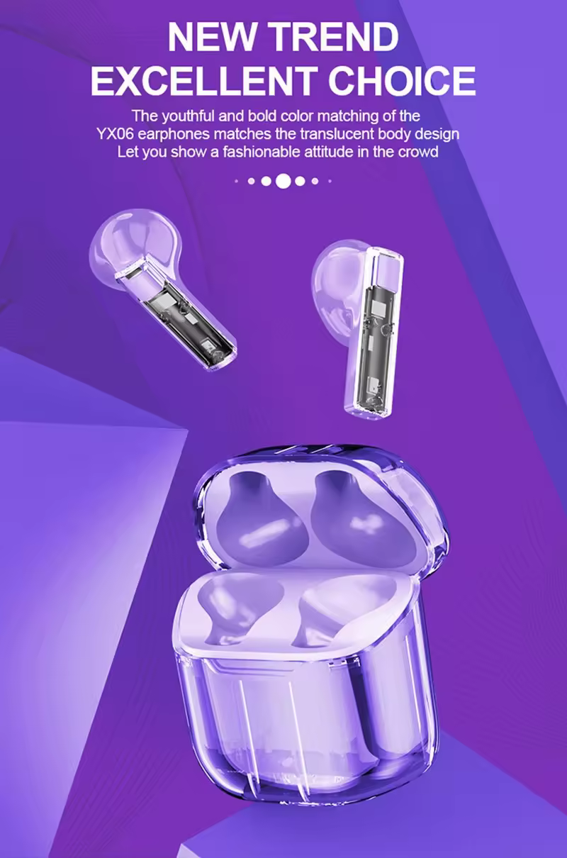 Crystal Tws Gaming Noise Cancelling Earbuds in Ear Headphones Earphone Transparent LED Wireless Earbuds Sports In-ear 4 Colors