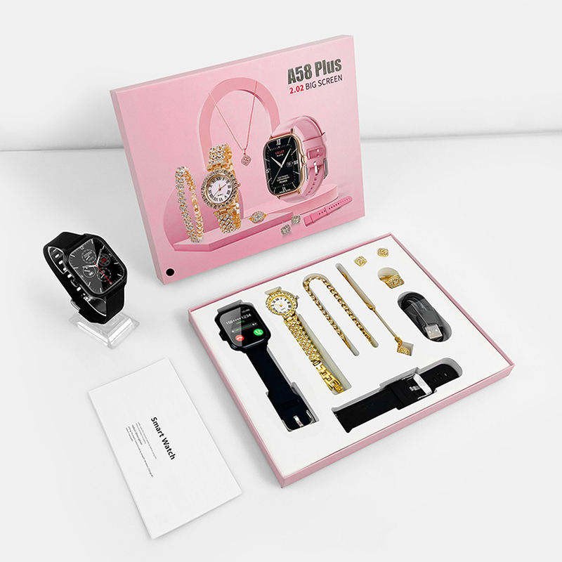 A58 Plus Luxury Diamond Smart Watch Set for Men and Women Includes Bracelet Ring Earrings Necklace-Gift Pack A58