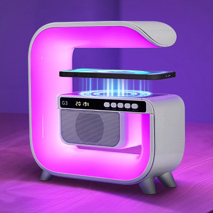 Hot Selling Smart Electronics G Shaped Multi Function Alarm Clock bluetooth Speaker Led Lamp Wireless Charger